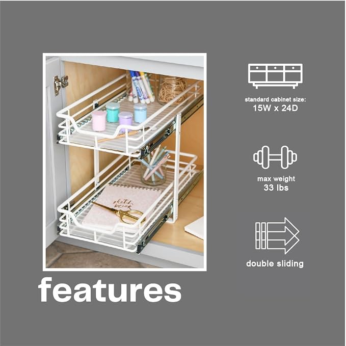 Household Essentials White Powder-Coated Steel Dual-Tier Slide Organizer with Plastic Accents