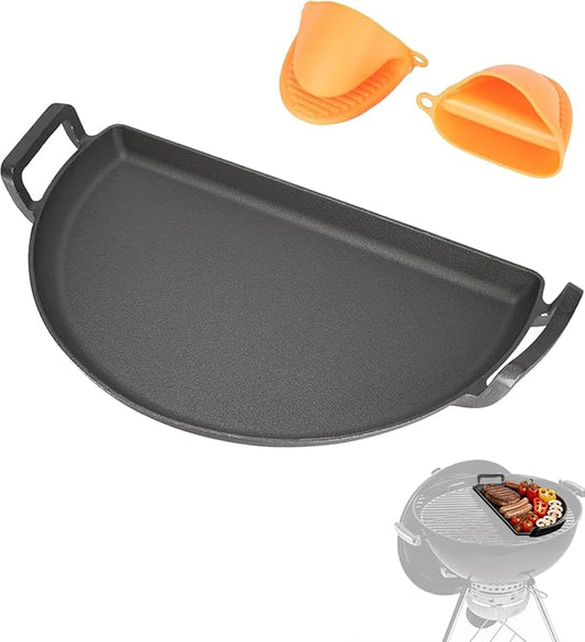Cast Iron Drip Griddle Pan for 22" Weber Kettle Grill– Heavy Duty 3-in-1 Kettle Grill Accessory, Griddle Insert for 22 Inch Weber & Other Charcoal Kettle Grills, BBQ Searing Pan, Griddle & Drip Tray