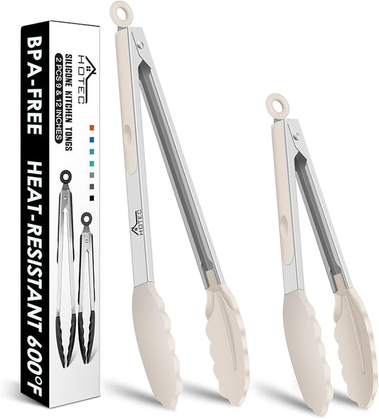 HOTEC Premium Stainless Steel Locking Kitchen Tongs with Silicon Tips, Set of 2-9" and 12",Khaki