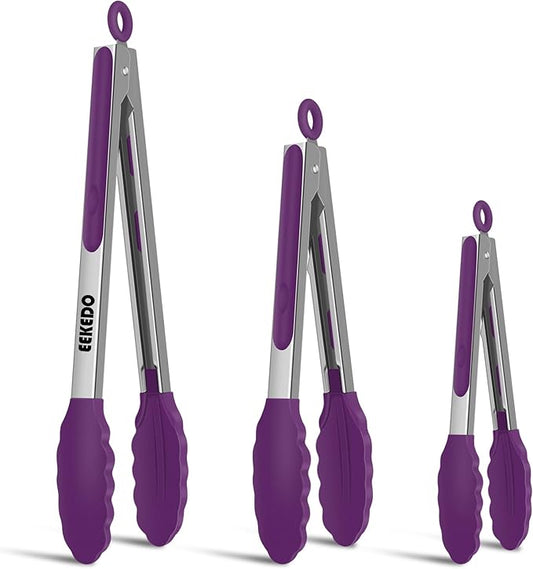 Kitchen Tongs, Stainless Steel Cooking Tongs with Silicone Tips, 600ºF High Heat-Resistant Non Scratch Locking Tongs for Cooking BBQ Grilling Air Fryer Pans, Set of 3 (7" 9" and 12") Purple