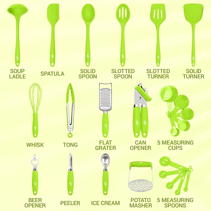 Kaluns Silicone Kitchen Utensils Set 24 Pcs Silicone Cooking Utensils Set - Can Opener, Masher, Turner, Spatula 446°F Heat Resistant Non-Stick - Premium Silicone and Stainless Steel Utensil Set