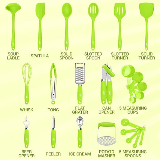 Kaluns Silicone Kitchen Utensils Set 24 Pcs Silicone Cooking Utensils Set - Can Opener, Masher, Turner, Spatula 446°F Heat Resistant Non-Stick - Premium Silicone and Stainless Steel Utensil Set