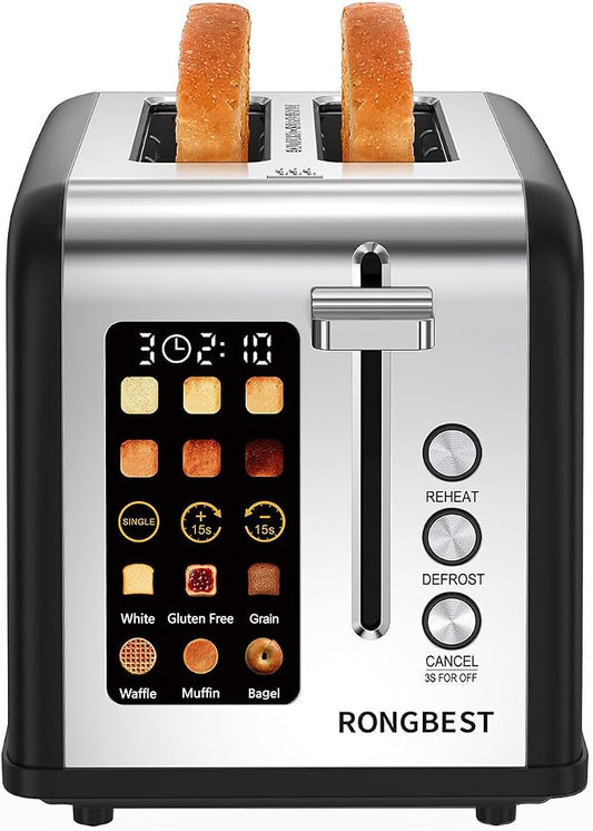 2 Slice Touch Screen Toaster Stainless Steel with Wide Slots for Family Breakfast, Even Toasting for Bagels & Bread, Defrost & Reheat, Easy Removable Crumb Tray, Matt Black