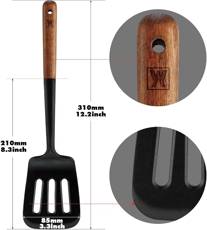 WAGENSTEIGER Set of 2pc Silicone Cooking Utensils: Wooden Handle Slotted Spatula + Cooking Skimmer, Heat Resistant Cooking Utensil, BPA Free, Safe Material for All Cooking Surfaces, Non-Slip Grip