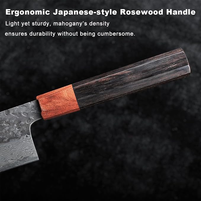 Japanese Chef Knife with VG10 Steel Core, 67-Layer Razor-Sharp Japanese Knife with Ergonomic Rosewood Handle, Professional Black Forged Chef's knives – Gift Grindstone Included