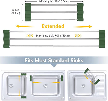 Tomorotec Adjustable Over-The-Sink Kitchen Rack for Dishcloths, Sponges, and Brushes - Heat-Resistant Stainless Steel with Slim, Expandable Design and Multifunctional Silicone Holder (Army Green)