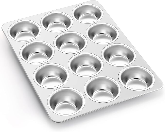 P&P CHEF Muffin Pan Cupcake Baking Pan Set, Stainless Steel Muffin Tin Tray for Mini Cake Tart Quiche, Oven & Dishwasher Safe, Non-toxic & Heavy-duty, (12 Cup, 1Pc)