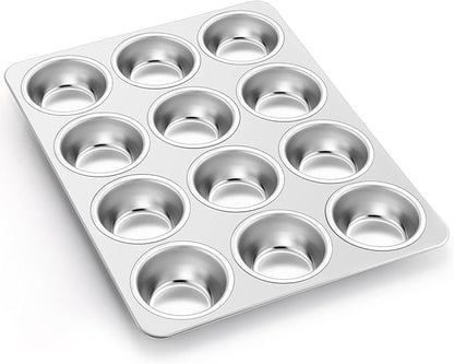 P&P CHEF Muffin Pan Cupcake Baking Pan Set, Stainless Steel Muffin Tin Tray for Mini Cake Tart Quiche, Oven & Dishwasher Safe, Non-toxic & Heavy-duty, (12 Cup, 1Pc)