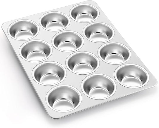 P&P CHEF Muffin Pan Cupcake Baking Pan Set, Stainless Steel Muffin Tin Tray for Mini Cake Tart Quiche, Oven & Dishwasher Safe, Non-toxic & Heavy-duty, (12 Cup, 1Pc)