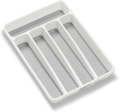 madesmart Small Silverware Tray, Compact 5 Compartment Flatware Organizer for Forks, Knives & Spoons, Non Slip, Soft Grip Lining, Fits Small Drawers, White