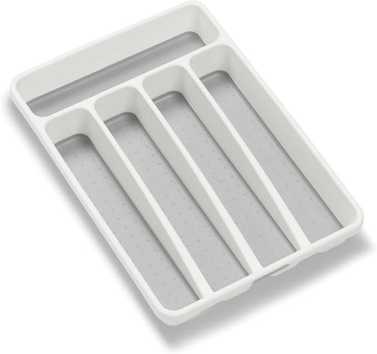 madesmart Small Silverware Tray, Compact 5 Compartment Flatware Organizer for Forks, Knives & Spoons, Non Slip, Soft Grip Lining, Fits Small Drawers, White