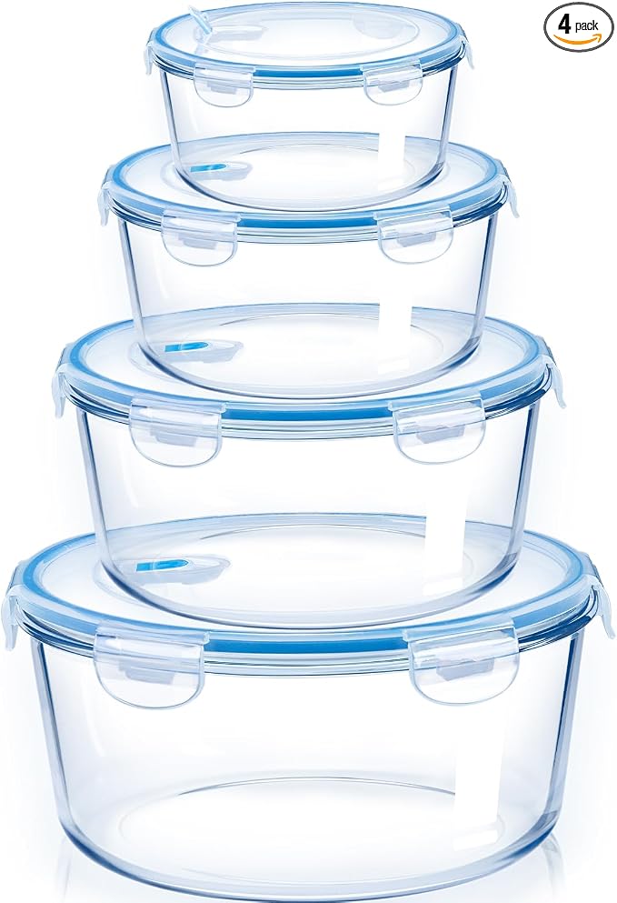 NUTRIUPS 95/54/30/15oz Round Large Glass Food Storage Containers with Airtight Lids, Meal Prep Containers, Ideal for Baking and Storing Casseroles, Lasagnas, Vegetables, Fruits,4-Piece Set