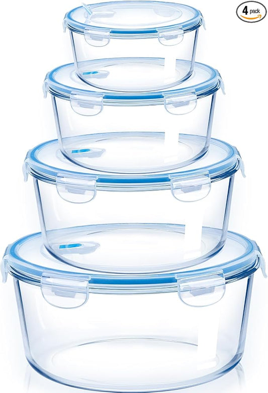 NUTRIUPS 95/54/30/15oz Round Large Glass Food Storage Containers with Airtight Lids, Meal Prep Containers, Ideal for Baking and Storing Casseroles, Lasagnas, Vegetables, Fruits,4-Piece Set