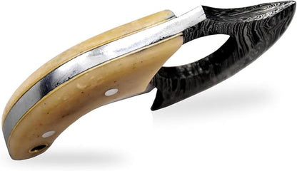 Custom Damascus Steel Ulu Knife Traditional Alaskan Ulu Multi-Purpose Pizza Cutter,Vegetable Chopping, Boning Slicing Cutting Camel Bone Handle Leather Sheath (SUB-03)
