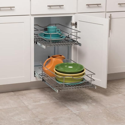 Knape & Vogt Simply Put 14-in W x 19.2-in H Metal 2-Tier Pull Out Cabinet Basket, 14 Inch, Frosted Nickel