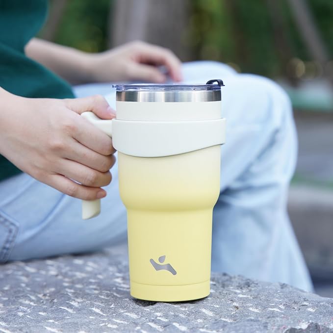 Konokyo 40 oz Tumbler with Handle and 2 Straw 2 Lid, Insulated Water Bottle Stainless Steel Vacuum Cup Reusable Travel Mug,Lemon