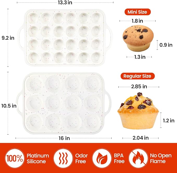 CAKETIME Silicone Muffin Pans for Baking, Metal Reinforced Frame Regular 12 Cups & Mini 24 Cups Cupcake Pan Set Nonstick Muffin Pan for Homemade Baking Easy to Handle
