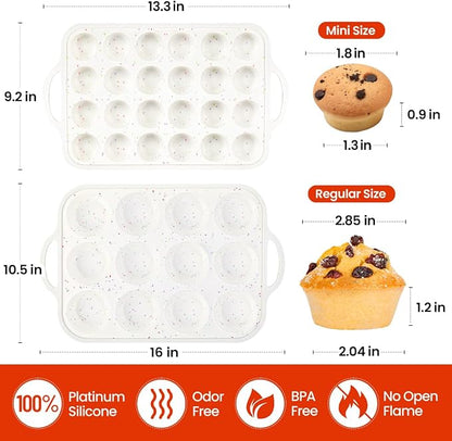 CAKETIME Silicone Muffin Pans for Baking, Metal Reinforced Frame Regular 12 Cups & Mini 24 Cups Cupcake Pan Set Nonstick Muffin Pan for Homemade Baking Easy to Handle
