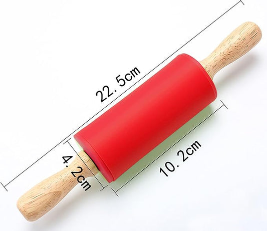 Silicone Rolling Pin, Red 9 Inch Pin with Wooden Rotatable Handle for Dough of Baking Bread, Cookie, Pizza (red, 9 inch)