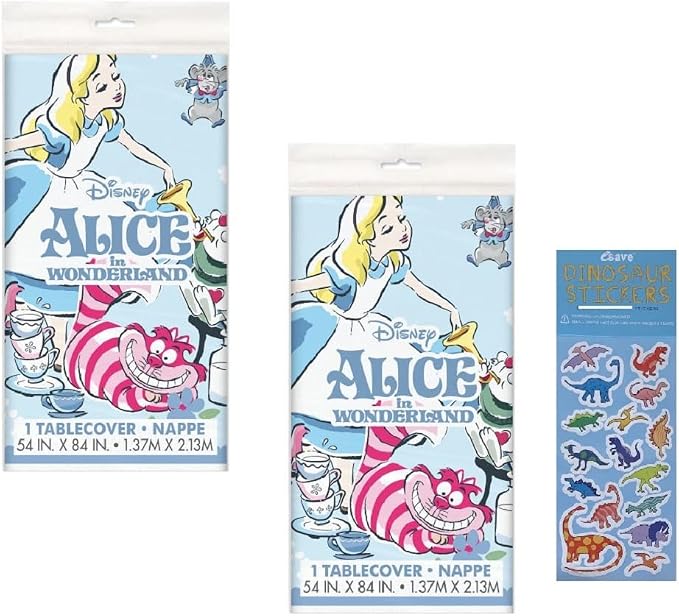 Unique Alice in Wonderland Party Supplies Bundle Pack Includes 2 Plastic Table Covers and 1 Dinosaur Sticker Sheet