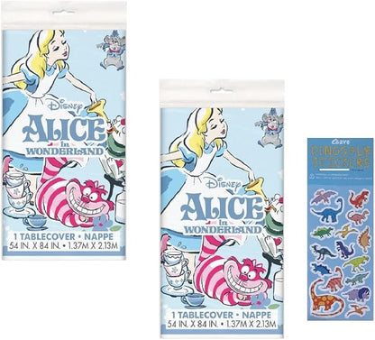 Unique Alice in Wonderland Party Supplies Bundle Pack Includes 2 Plastic Table Covers and 1 Dinosaur Sticker Sheet