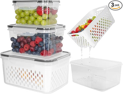 Grape Container for Fridge,3PCS(0.9-13.5Qt) | Leakproof Grape Container with Removable Colander,Dishwasher&Microwave Safe,Keep Fruits, Vegetables, Meat Fresh Longer