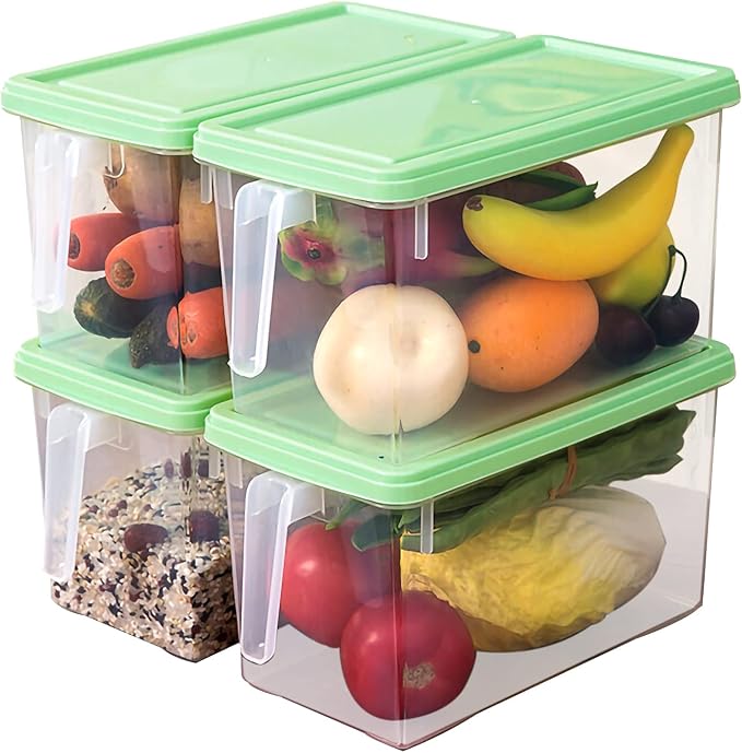 Plastic Storage Containers Square Food Storage Organizer Stackable Refrigerator Organizer Handle Kitchen Containers with Lids for Fruits Vegetables Meat Egg, 4-pack (Green)