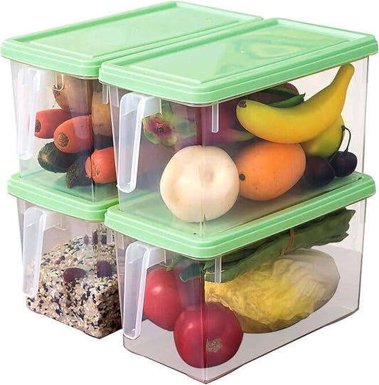 Plastic Storage Containers Square Food Storage Organizer Stackable Refrigerator Organizer Handle Kitchen Containers with Lids for Fruits Vegetables Meat Egg, 4-pack (Green)