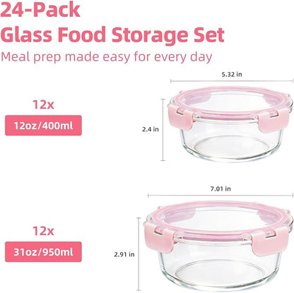 Konokyo Round Glass Food Storage Containers with Lids, 24 Pack Airtight Leakproof Meal Prep Containers, BPA-Free, Microwave Oven Freezer & Dishwasher Safe, Assorted Sizes