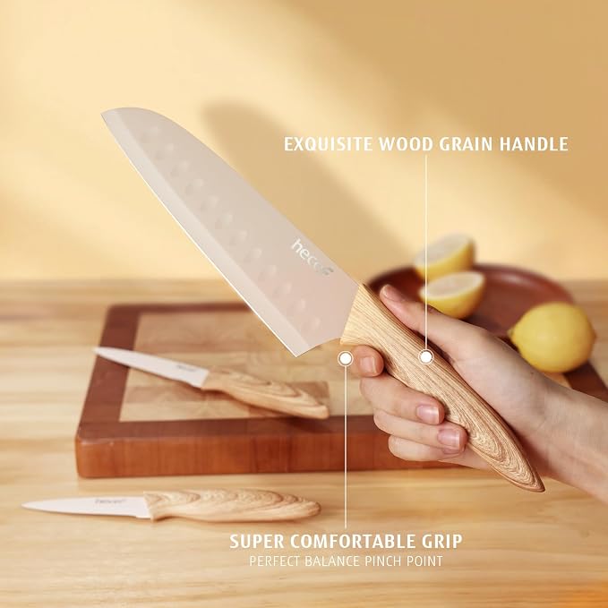 hecef Knife Set of 3, Stainless Steel Blade with Non-stick Coating, Sharp Kitchen Knives Includes Santoku, Utility, Paring Knives