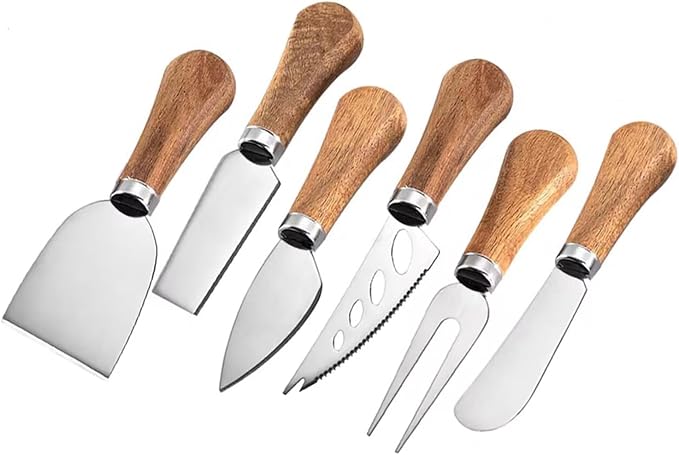 6 Piece Cheese Knives Set with Wooden Handle, Mini Steel Stainless Cheese knife set for Charcuterie and Cheese spread, Perfect for Cheese Slicer and Butter Cutter (Cheese Knife Set-6)
