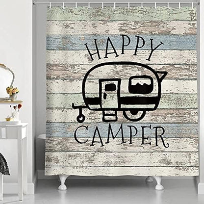 JAWO Happy Campers Shower Curtain Retro Rustic Wood Neutral Color for Travel Trailer Camping Theme Motor RV Bathroom Stall Shower Curtain Set, Waterproof Fabric Shower Cutain, Hooks Include 72X72