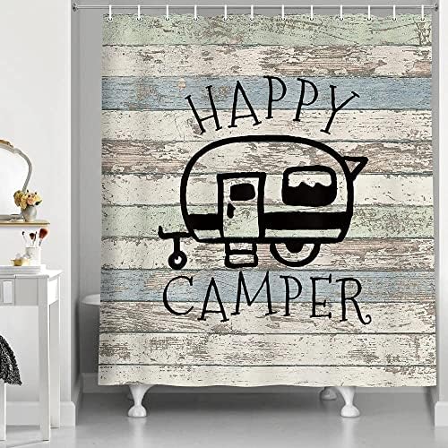 JAWO Happy Campers Shower Curtain Retro Rustic Wood Neutral Color for Travel Trailer Camping Theme Motor RV Bathroom Stall Shower Curtain Set, Waterproof Fabric Shower Cutain, Hooks Include 72X75