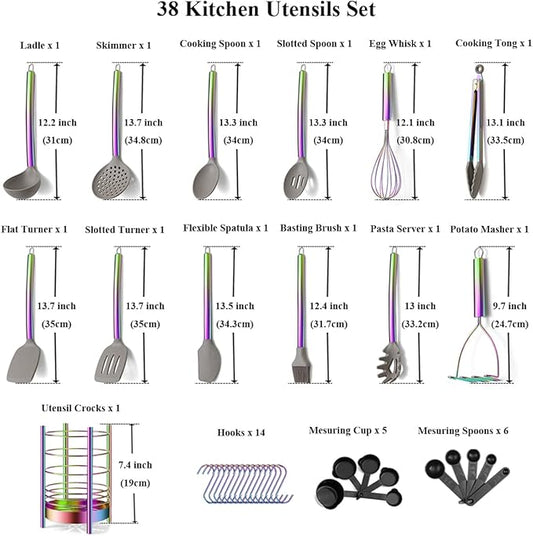 38 Piece Silicone kitchen Cooking Utensils Set with Utensil Crocks, Silicone Head and Stainless Steel Handle Cookware, Kitchen Tools for Utensil Set, Non-Stick kitchen Gadgets,Dishwasher Safe(Rainbow)