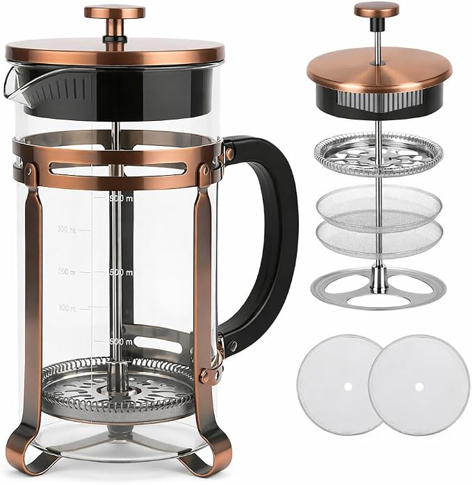 34oz French Press Coffee Maker, Thickened Borosilicate Glass & 304 Stainless Steel Double Mesh Filter. Cold Brew & Tea Brewer for Travel Camping, Kitchen Decor, Bar Accessories Gift (Copper)