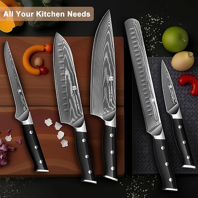 5-Piece Damascus Chef Knife Set: High Carbon Stainless Steel, Professional Ultra Sharp Kitchen Knife Set with Ergonomic Black Handle - Chef/Santoku/Paring/Bread/Brisket/Boning Knives in Gift Box