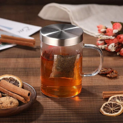 ecooe 16.9 OZ Borosilicate Glass Tea Mug Cup Glasses with Stainless Steel Infuser & Lid, Loose Leaf Tea Cup Clear Teacup 430mL(Use Capacity)