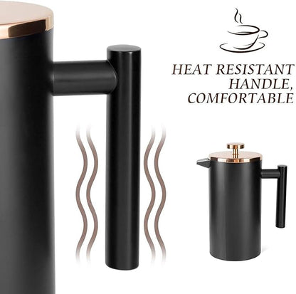 Miuly 12oz French Press for One Person, Small Coffee Press 350ml with 2 Filter Mesh, Double Wall Insulated French Press for Travel, Black