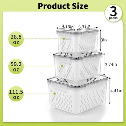 Fruit Storage Containers for Fridge, Grape Organizers with Removable Colander, 3-Pack No-Leak Design, Durable and Easy to Clean, Keeps Grapes Fresh, Perfect for Fridge Storage and Organization