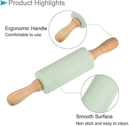 Silicone Rolling Pins, 9.25" Length, Silicone & Oak Non-Stick Ergonomic Wooden Handle Fondant Dough Roller Light Green - (Applications: for Baking DIY Projects)