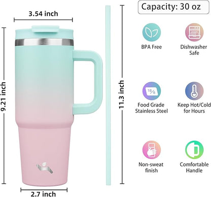 Konokyo 30 oz Tumbler with Handle and 2 Straws,2 in 1 Lid Insulated Water Bottle Stainless Steel Travel Coffee Mug,Gum