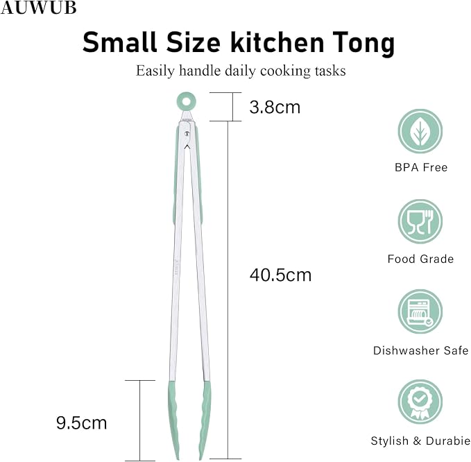Salad Tongs, 16 Inch Silicone Food Tongs with 304 Stainless Steel Core & Non-Slip Grip in Pistachio Color