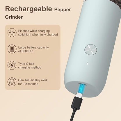 Ultrean Pepper Grinder, Rechargeable Salt and Pepper Grinder with 6 Adjustable Coarseness, LED Light, One-Hand Automatic Operation, Gifts for Women, Blue