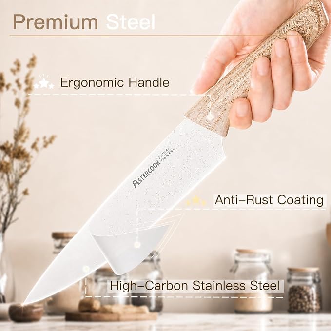 Astercook Knife Set, 13 Pieces Kitchen Knives Set with Ceramic Coating, Stainless Steel Chef Knife Sets with 6 Blade Guards, Dishwasher Safe Knives with Wooden Handle, Elegant White