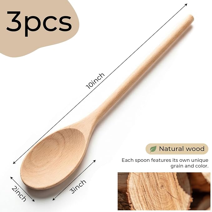 HANSGO 10 Inch Wooden Spoons for Cooking, 3PCS European Beech Wood Mixing Spoons, Heat Resistant, Non-Scratch for Nonstick Pans & Soup Pots, Ideal for Home Kitchen Stirring, Serving & Baking