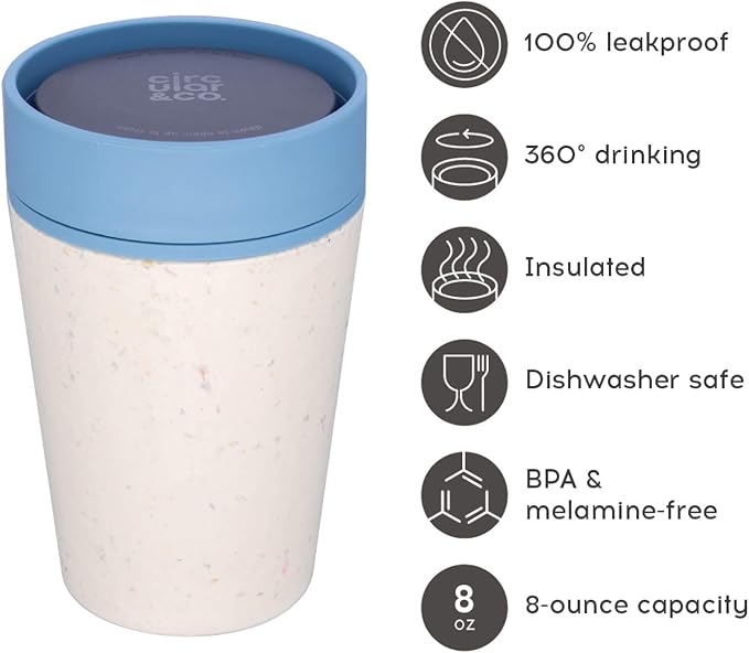 Circular and Co Leakproof Reusable Coffee Cup 8oz/227ml - The World's First Travel Mug Made from Recycled Coffee Cups, 100% Leak-Proof, Sustainable & Insulated. (Cream & Faraway Blue)