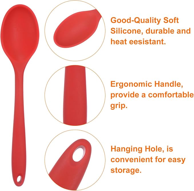 HARFINGTON 2Pcs Silicone Spoons, Heat Resistant Kitchen Cooking Utensil Spoon for Cooking, Mixing, Stirring and Serving, Red
