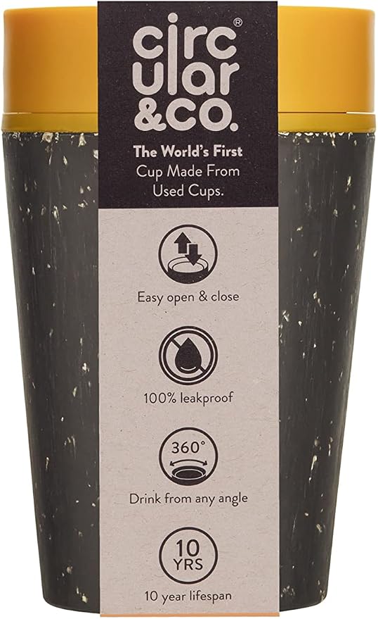 Circular and Co Leakproof Reusable Coffee Cup 8oz/227ml - The World's First Travel Mug Made from Recycled Cups, 100% Leak-Proof, Sustainable & Insulated. (Black & Electric Mustard)