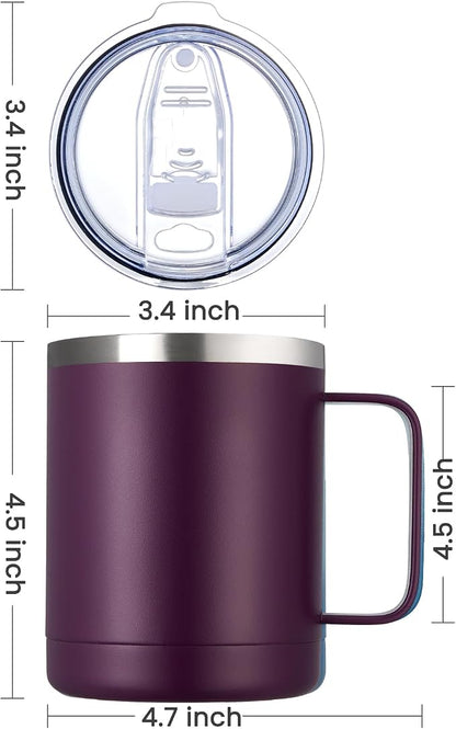 MEWAY 12oz Coffee Mug With Handle and Sliding Lid,Stainless Steel Travel Tumbler Cup with Handle,Double Wall Vacuum Insulated Camping Cup for Hot & Cold Drinks Tea (Plum,Set of 1)