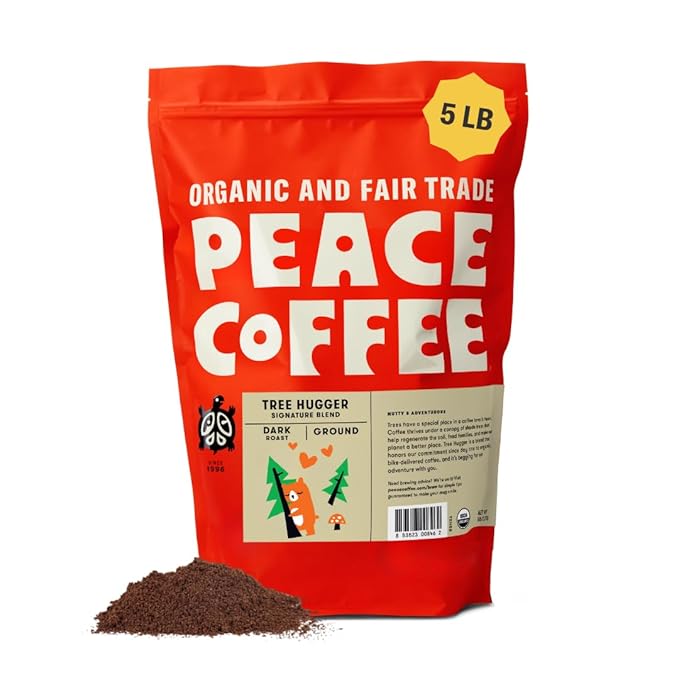 Peace Coffee Tree Hugger Signature Blend Ground Dark Roast Coffee, 5 lb, Organic Fair Trade, Nutty, Smooth Flavor, Shade Grown, Fresh Roasted